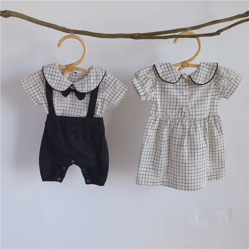 Ankesong Authentic Baby Summer Boys And Girls Baby Triangle Dress Short Sleeve Plaid Gentlemen And Women