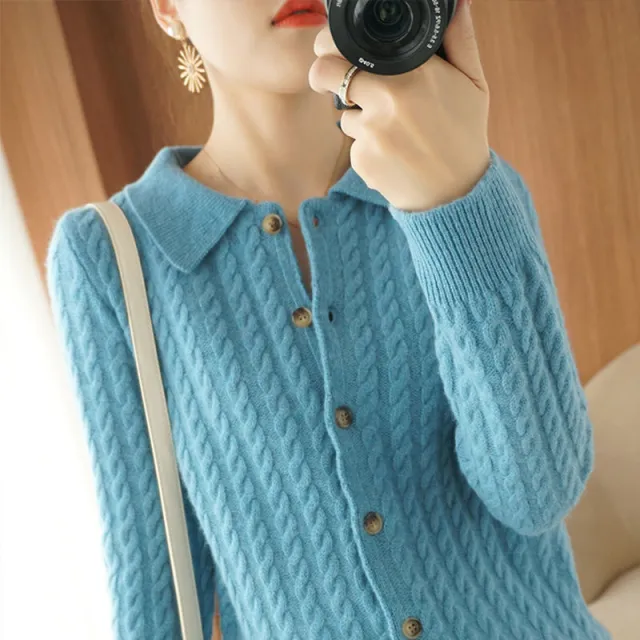Spring And Autumn New Western Style Lapel Knitted Sweater Blue - Shop at LoveMi