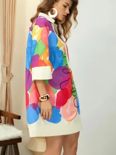 Printing Dress Polo Collar Solid Colour - Pink - View 1
