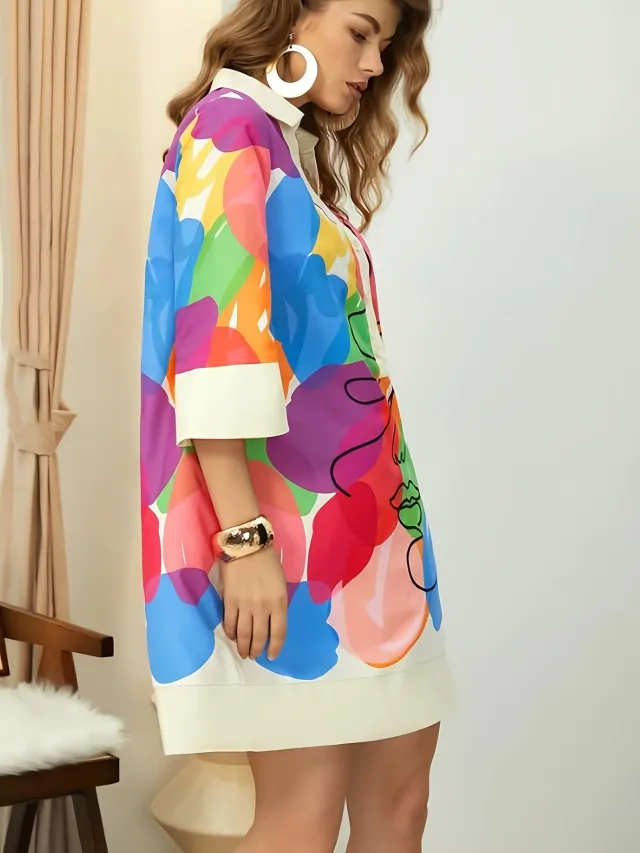 Printing Dress Polo Collar Solid Color Pink - Shop at LoveMi