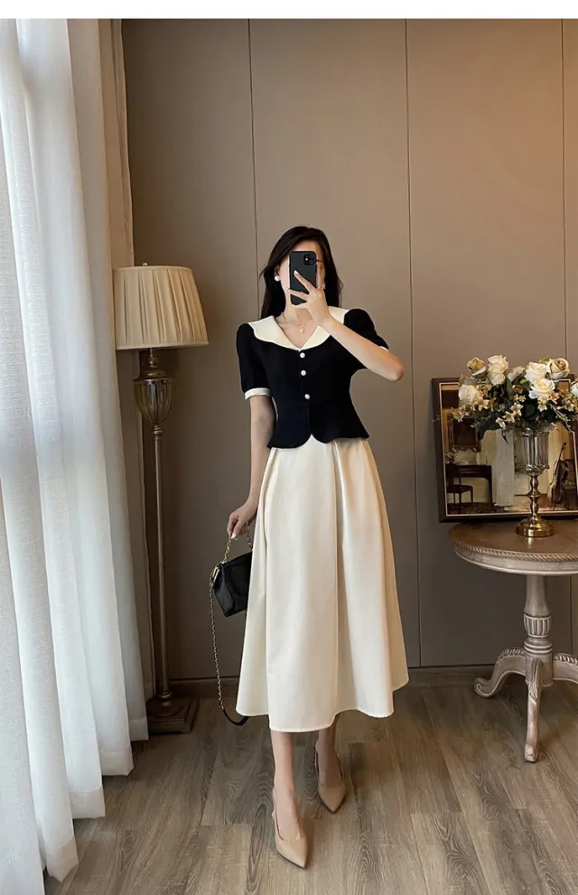 French Retro Polyester Top Two piece Dress Suit S - Shop at LoveMi