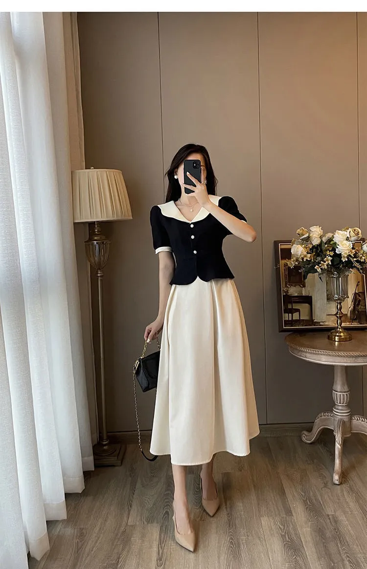 French Retro Polyester Top Two-piece Dress - Suit-S