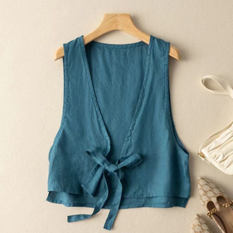 Versatile Ethnic-Style Cotton-Linen Solid-Color Lace-Up Vest Top For Women