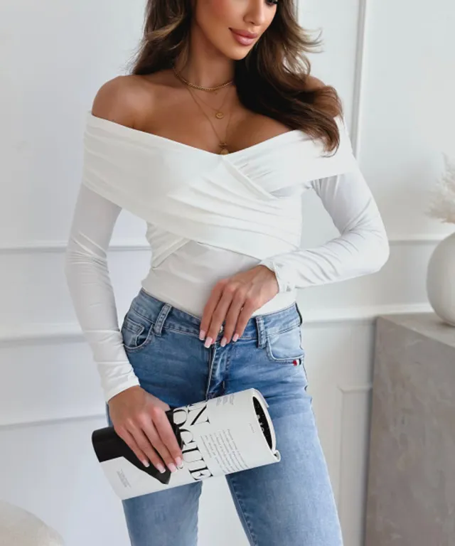Women's Fashion Shoulder baring Long sleeved T shirt White - Shop at LoveMi