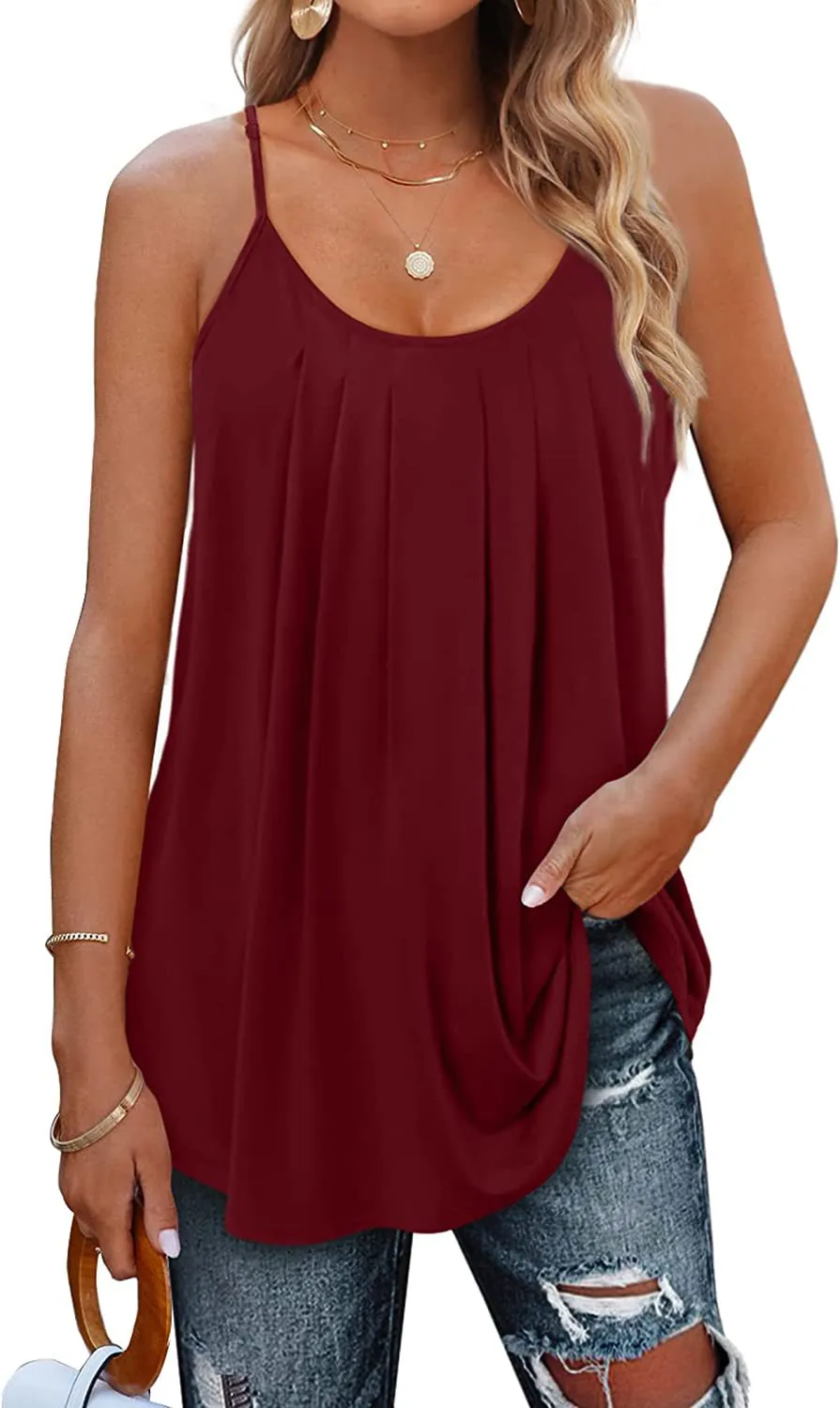 Women's Summer Vest Pleated Spaghetti Strap Tank Top - Dark Red