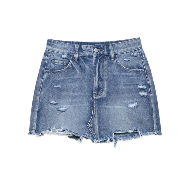European And American Style Fashion Casual Simple Hole Denim Mini Skirt Blue - Shop at LoveMi