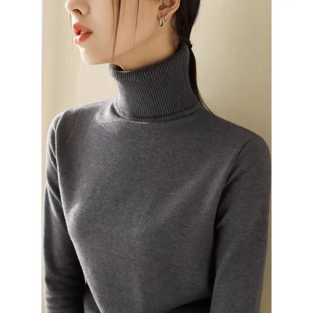 Women's Fashion Loose And Slimming Turtleneck Long Sleeve Knitted Bottoming Shirt Knitwear Gray - Shop at LoveMi