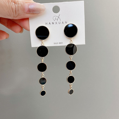 Silver Needle All-match Black Circle Tassel Earrings