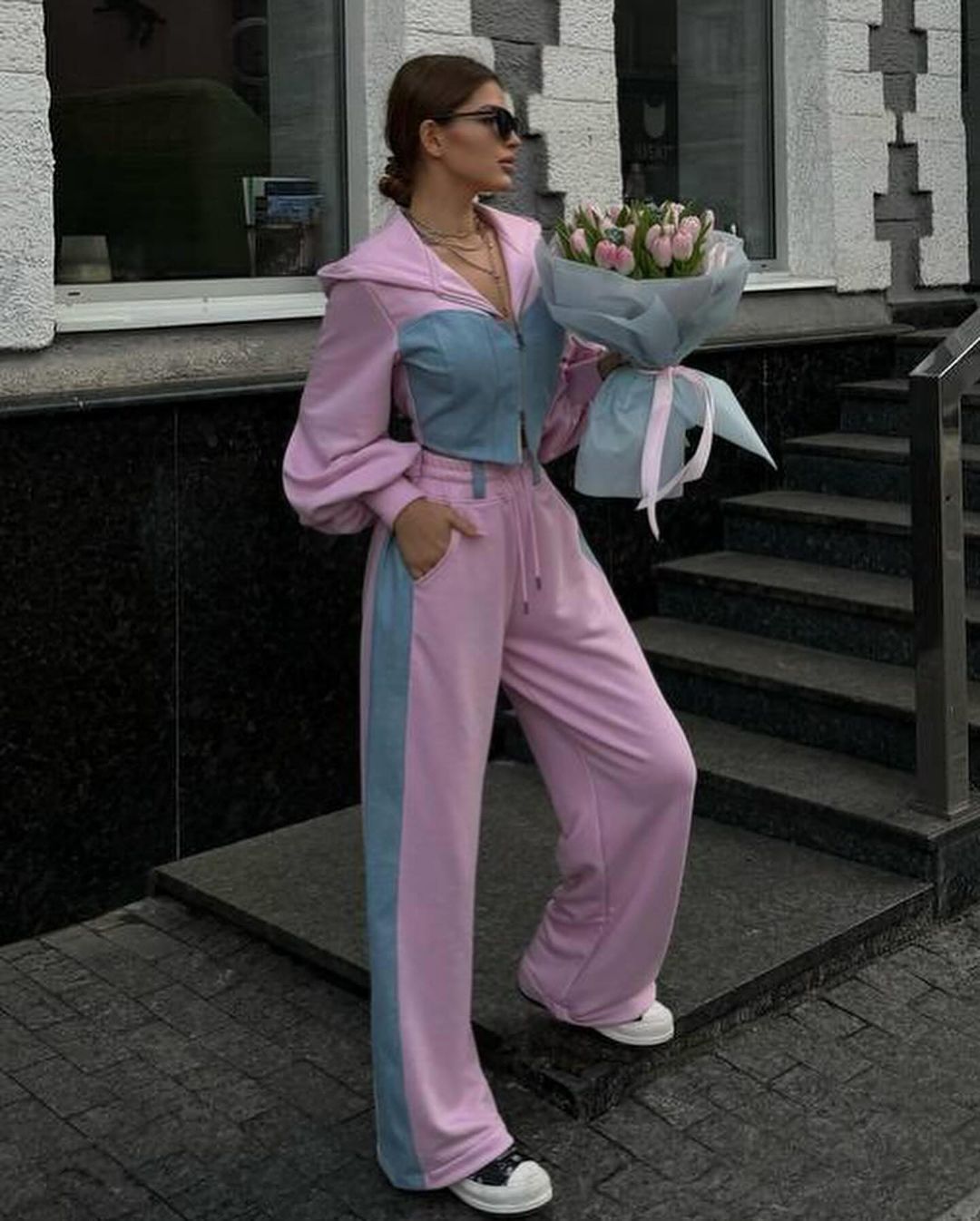 Fashion Casual Sweater Suit Denim Stitching Hooded Top And Trousers Pink - Shop at LoveMi