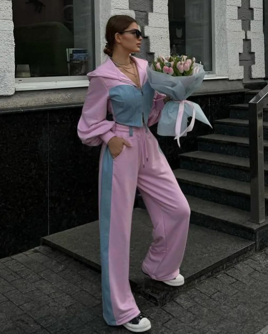 Fashion Casual Sweater Suit Denim Stitching Hooded Top And Trousers - Pink