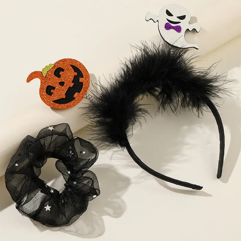 Halloween Pumpkin Head Fluffy Hair Band - Black