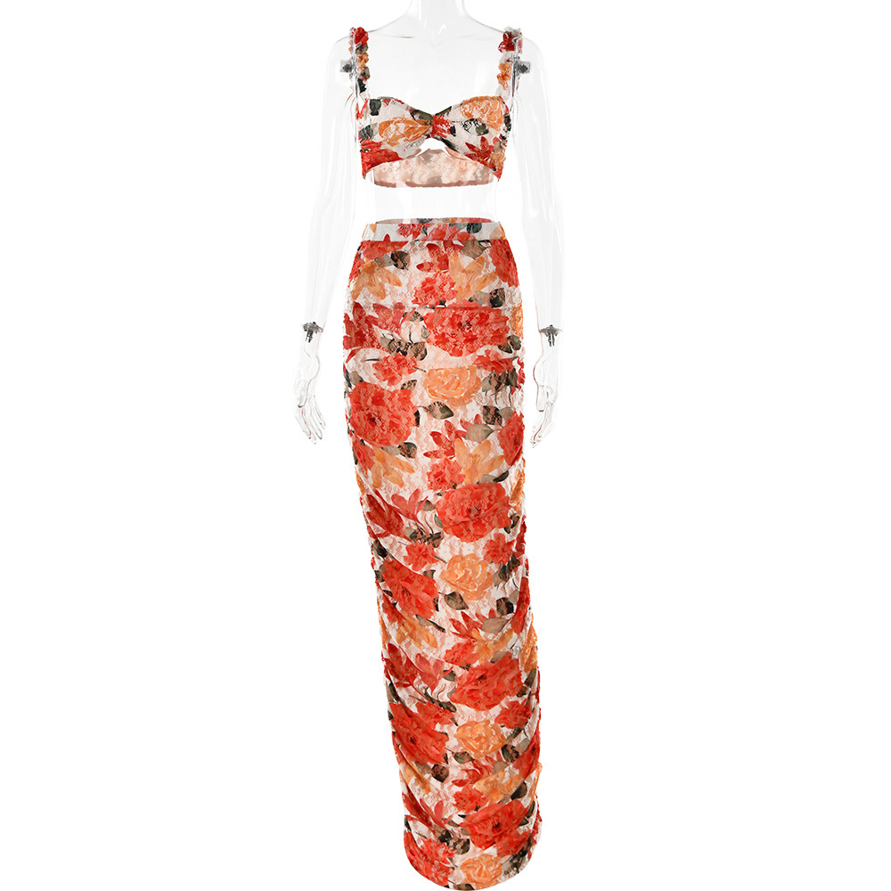 Fashion Printed Sling Backless Pleated Dress Suit Orange - Shop at LoveMi