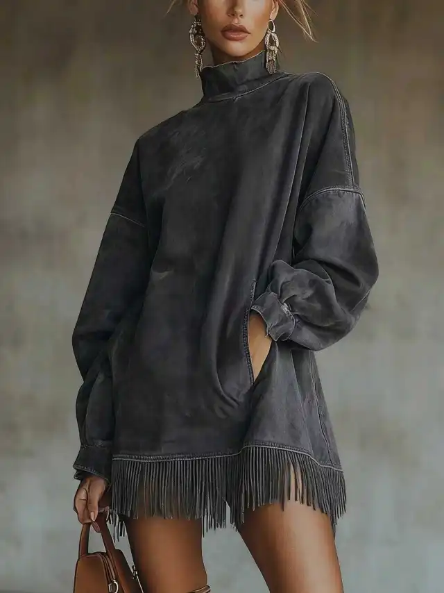 Loose Pockets Tassel Long Sleeve Suede Dress Dark Gray - Shop at LoveMi