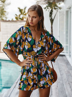 女士V领短袖连身裤