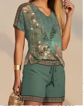 Fashion Printed Comfortable V neck Top And Shorts Two piece Set Green - Shop at LoveMi
