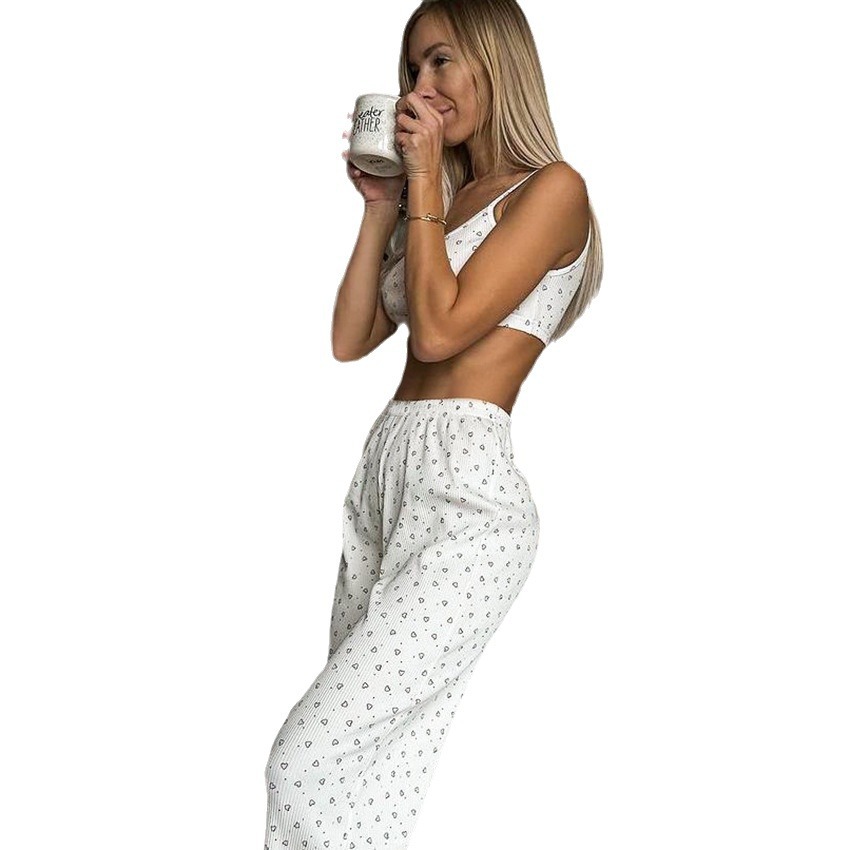 Heart Printing Ruffled Long Sleeve Vest Pants Pajamas Three-piece Homewear