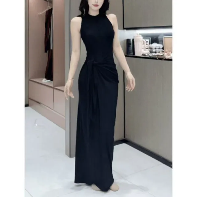 Womens Solid Color French Style Resort Ready Sleeveless Two Piece Look Dress Black - Shop at LoveMi