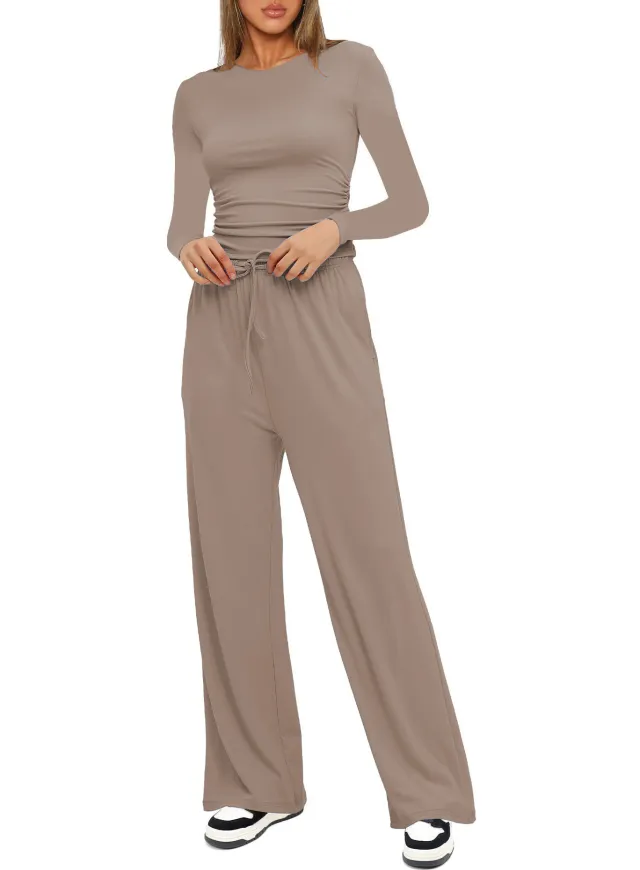 Long Sleeve Top High Waist Wide Leg Pants Suit Khaki - Shop at LoveMi