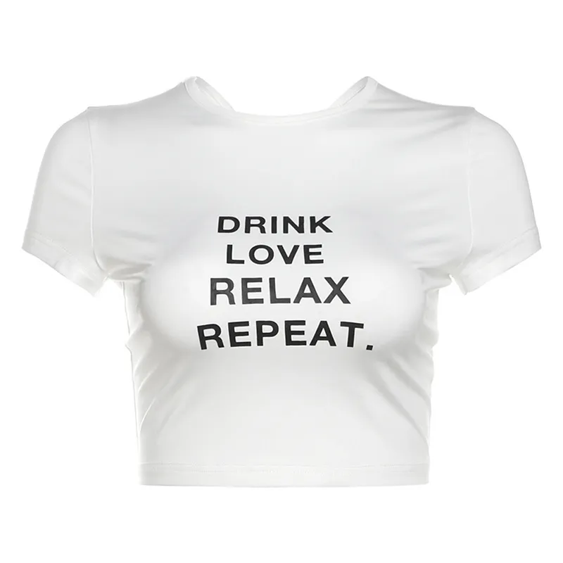 European And American Round Neck T-shirt Letter Printing Midriff-baring Short Sleeve - White