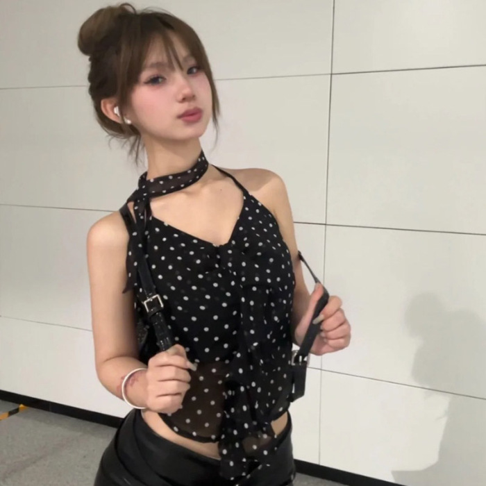 Polka Dot Micro Transparent Chiffon Halter Spaghetti Straps Vest