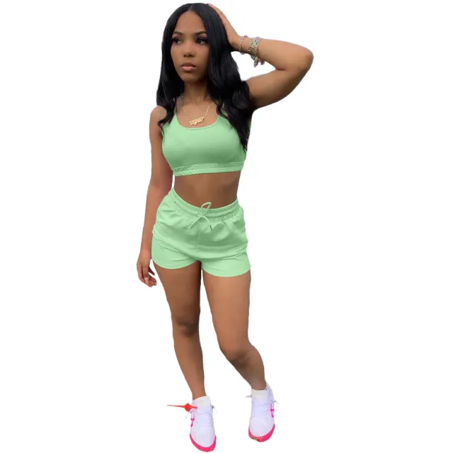 Solid Color Women's Vest And Shorts Two piece Set Green - Shop at LoveMi