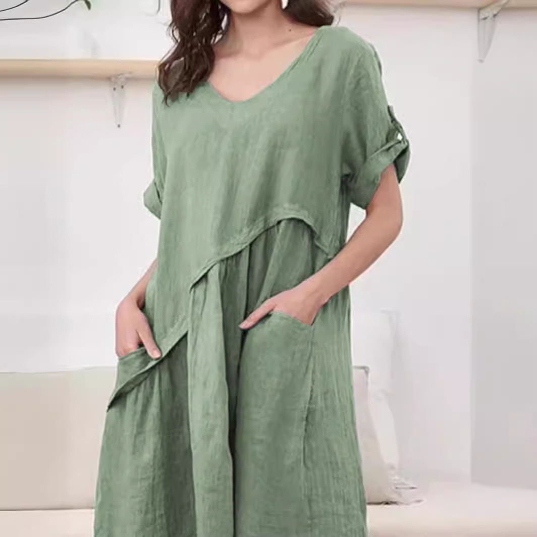New Arrival Short-Sleeve Linen V-Neck Pocket Dress