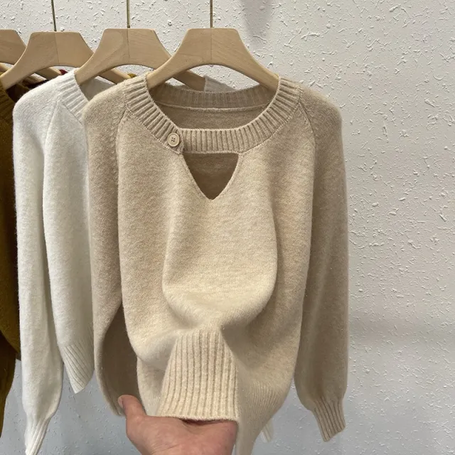 Knitted Sweater Women's AutumnWinter Korean style Loose fit Slimming Top With Exposed Collarbones And Long Sleeves Apricot - Shop at LoveMi