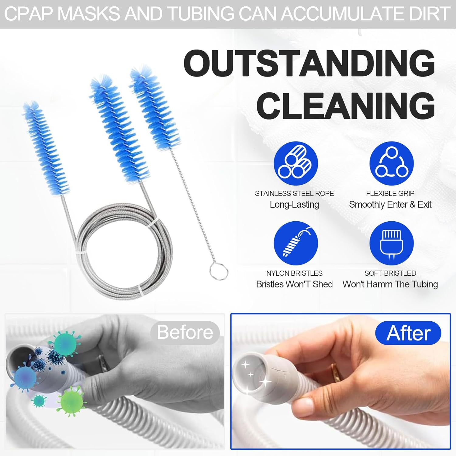 2-piece CPAP Tubing Cleaning Brush Hose Velcro Strap And Hook Set