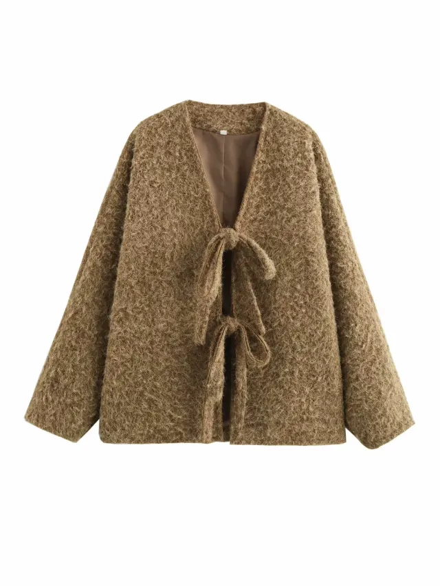 V neck Cardigan Fashion Casual Lace Up Woolen Coat Short Coat Khaki - Shop at LoveMi