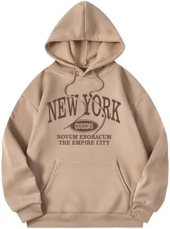 Women's Letter Pattern Hoodie Pullover Sweater Camel - Shop at LoveMi