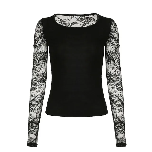 European And American Style Lace Stitching Sexy See through Backless Short Top Round Neck Slim Fit Versatile Slimming Black - Shop at LoveMi