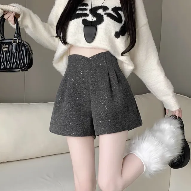 Black Shimmering Sequin Wool Shorts Autumnwinter With A High end Aesthetic Black - Shop at LoveMi