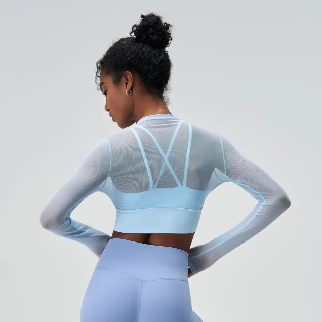 Exercise Mesh Slimming T shirt Women's Summer Round Neck Quick drying Long Sleeve Sexy Thin Long Sleeve Yoga Clothing Top Blue - Shop at LoveMi
