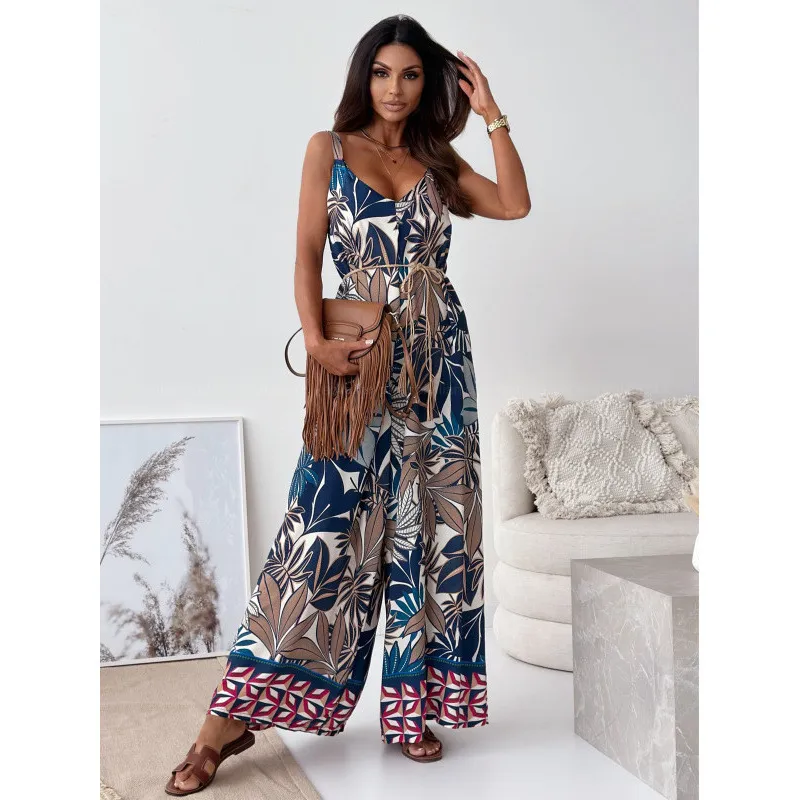 Women's Fashion Bohemian Strap One-piece Wide-leg Pants - Big Leaves