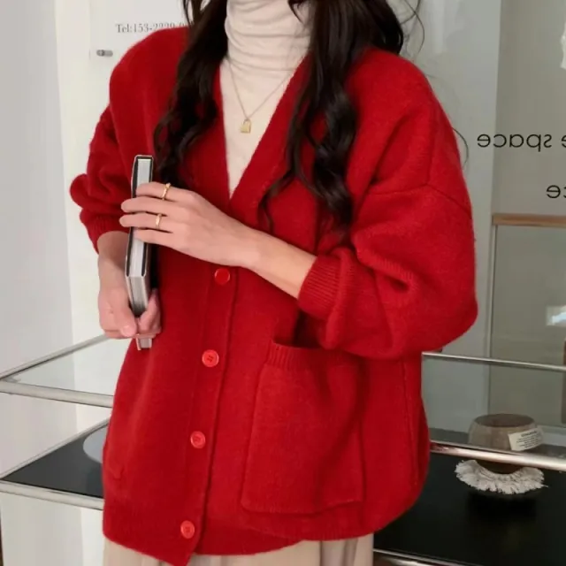 Korean Version V neck Knitted Cardigan Loose Sweater Coat Red - Shop at LoveMi