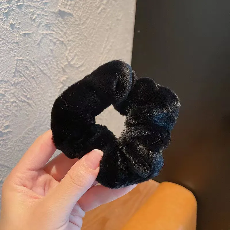 Plush Large Intestine Hair Ring Macaron Hair Band Cute Fluffy Hair Rope - Black