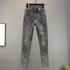 Elastic Slim Fit Slimming Heavy Embroidery Hot Drilling Tappered Pencil Pants - Grey - View 1