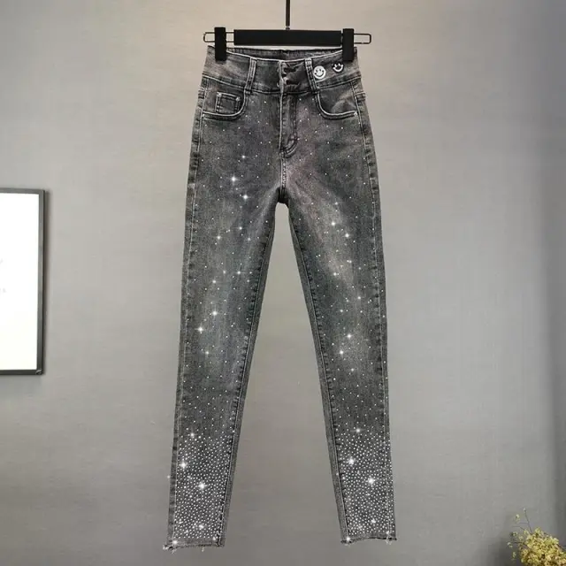 Elastic Slim Fit Slimming Heavy Embroidery Hot Drilling Tappered Pencil Pants Gray - Shop at LoveMi