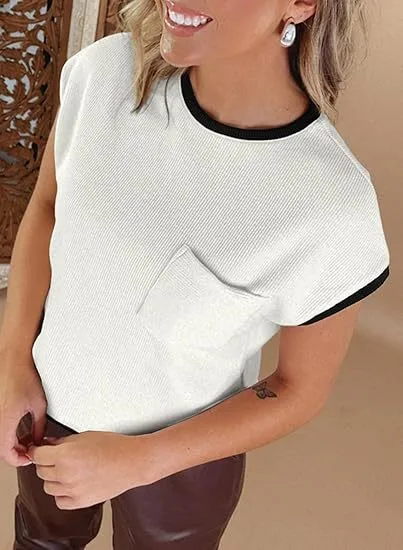 Slim Fit Casual Breathable Versatile Women's Knitted Short Sleeve White - Shop at LoveMi
