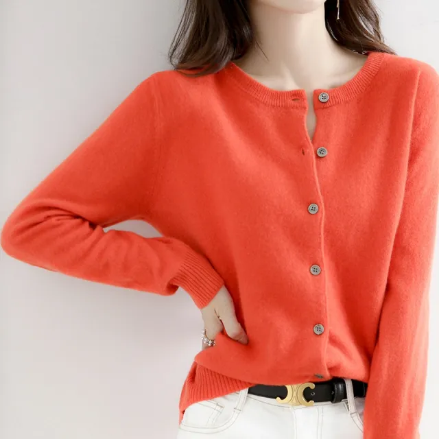 Women's Solid Color Loose Round Neck Knitted Sweater Coat Orange - Shop at LoveMi