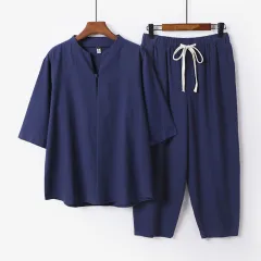 Men's Plus Size Loose Lay Buddhist Clothes Suit - Blue - View 1