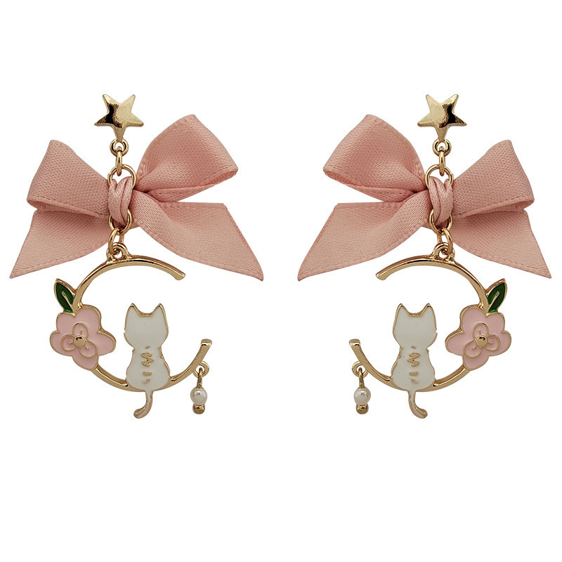 Creative Bowknot Drop Oil Imitation Pearl Star Flower Kitten Earrings