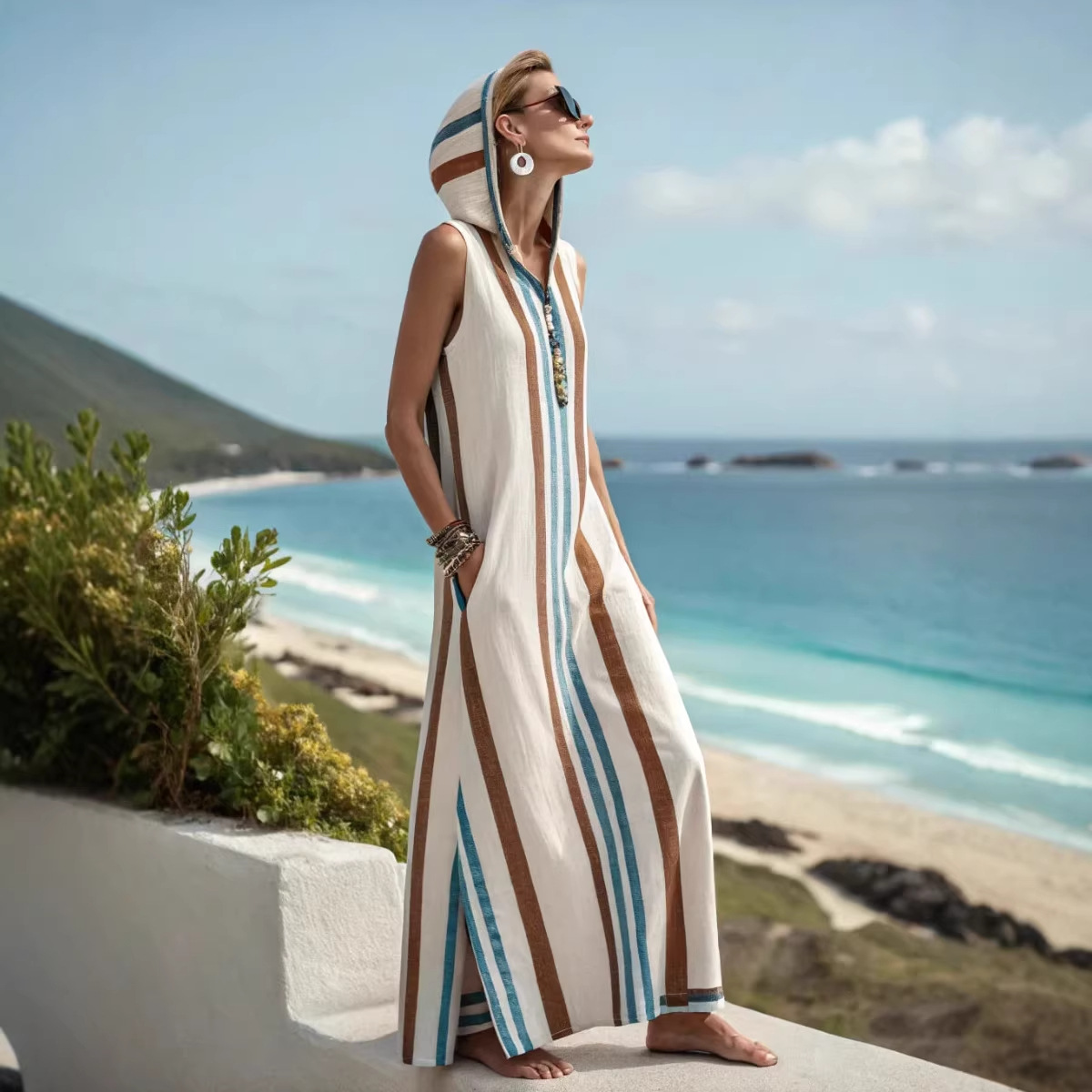 Women's Casual Sleeveless Split Dress With Two Pockets