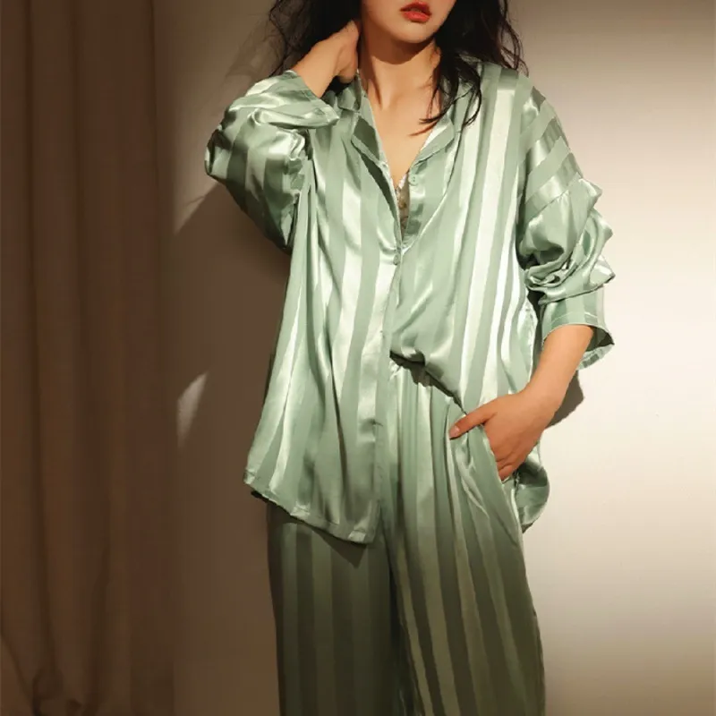 SpringAutumn Style Ice Silk Striped Jacquard Plus-size Homewear - Green