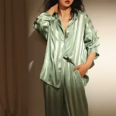 SpringAutumn Style Ice Silk Striped Jacquard Plus-size Homewear - Green - View 1
