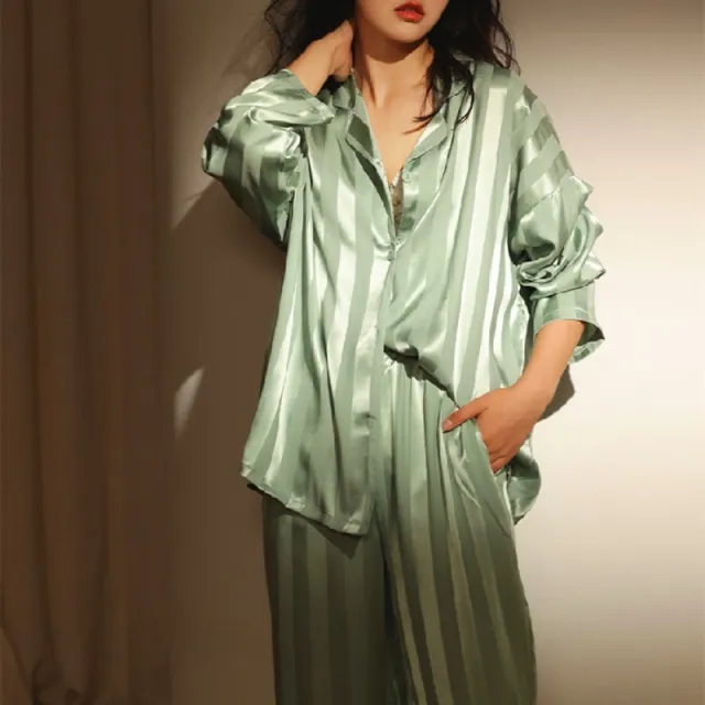 SpringAutumn Style Ice Silk Striped Jacquard Plus size Homewear Green - Shop at LoveMi