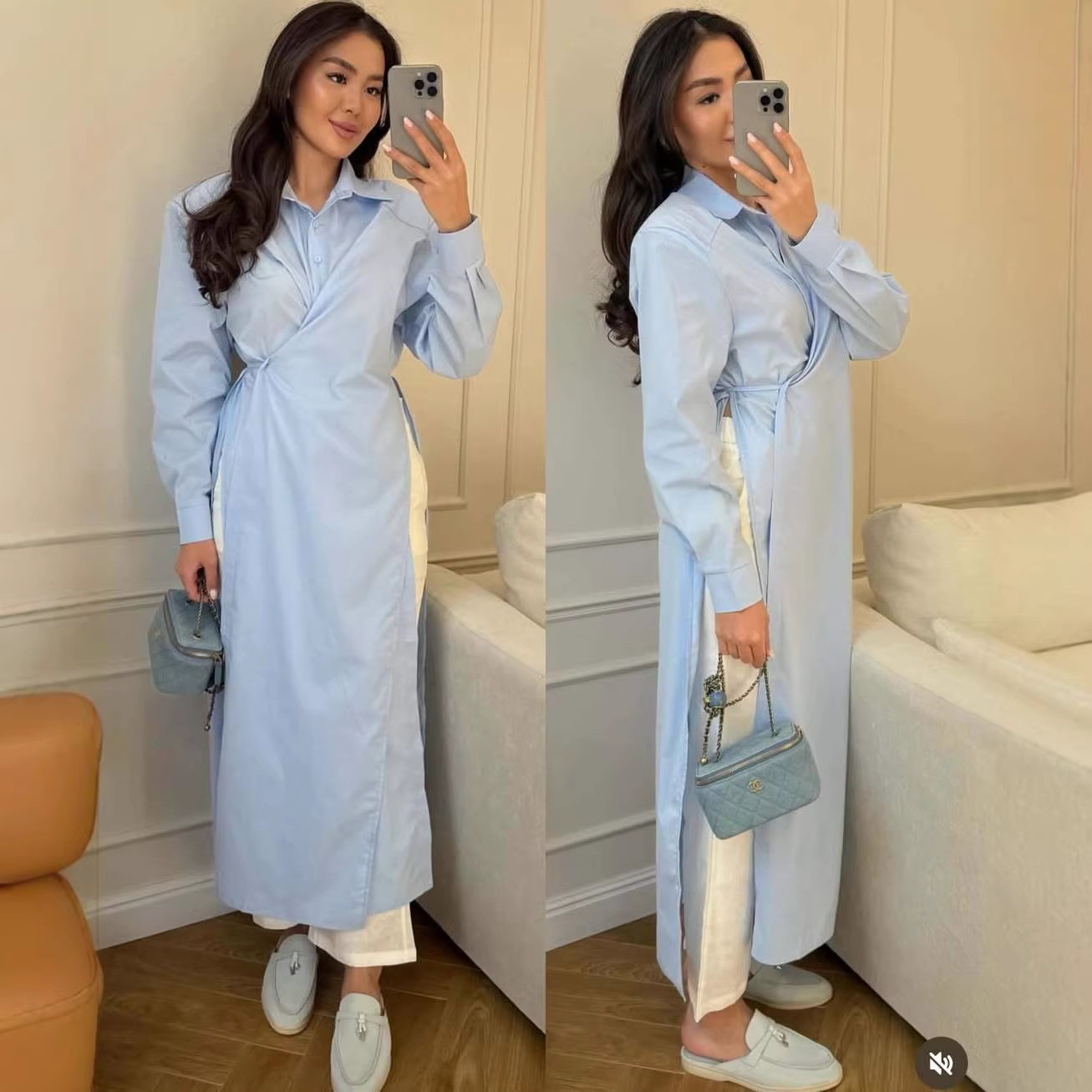 Womens Long-sleeve Top Long Straight-cut Shirt