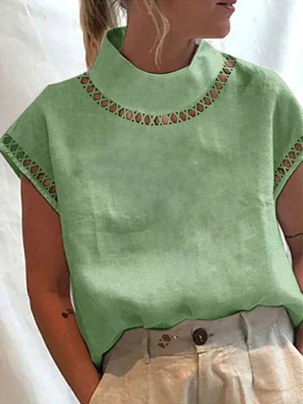 Lace Hollow Cotton Linen V neck Shirt Green - Shop at LoveMi