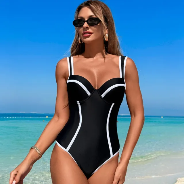 Swimsuit Women's One piece Black And White Stripe High Waist Black - Shop at LoveMi