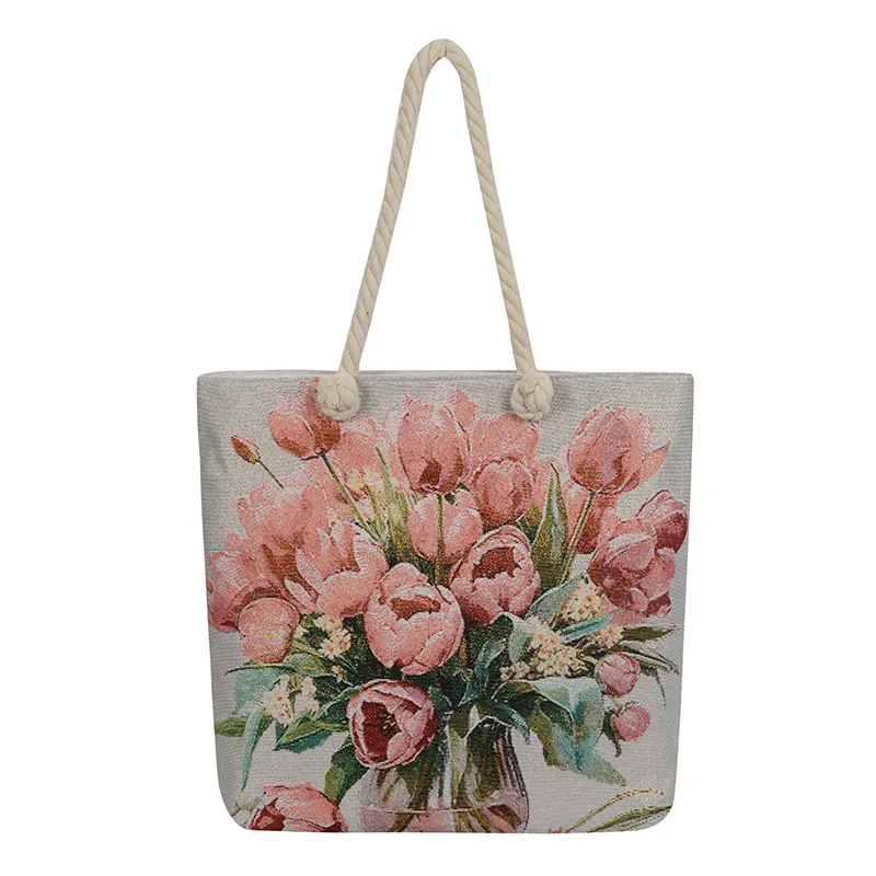 Double Sided Jacquard Embroidered Canvas Tote Bag - White